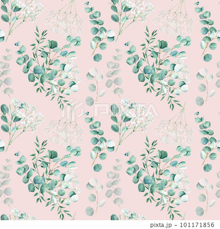 Seamless watercolor pattern with eucalyptus, gypsophila and pistachio branches on pink background. Can be used for wedding prints, gift wrapping paper, kitchen textile and fabric prints. Seamless watercolor pattern with eucalyptus, gypsophila and pistachio branches on pink background. Can be used for wedding prints, gift wrapping paper, kitchen textile and fabric prints. 101171856
