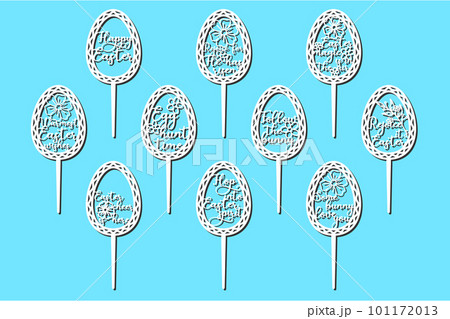 Happy Easter signs cake toppers for laser or milling cut. Cut for decoration design. Happy Easter topper. Holiday greeting. Elegant decoration. Laser cutting. Isolated design element. 101172013