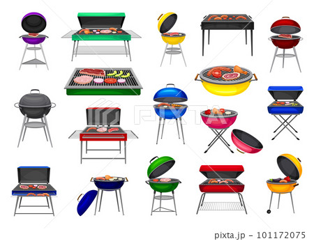 Barbecue Grill with Charcoal Kettle and Square Grill with Food Cooking on It Big Vector Set Barbecue Grill with Charcoal Kettle and Square Grill with Food Cooking on It Big Vector Set 101172075