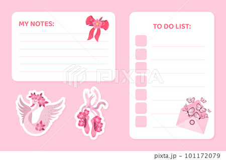 Notes and To Do List Card Design with Pink Envelope and Swan Vector Template 101172079