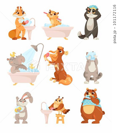 Animal Characters and Hygiene Rules Washing and Grooming Vector Set 101172116