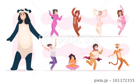 Pajamas people. Happy characters playing in sleeping funny clothes exact vector pictures set Pajamas people. Happy characters playing in sleeping funny clothes exact vector pictures set 101172335