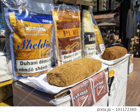 selling pouches of tobacco in Tirana, Albania - Stock Photo [101172360]