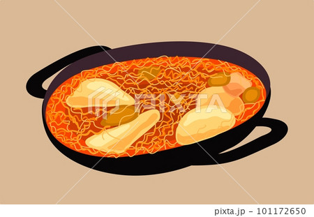 Vector isolated illustration of frying pan with noodles, chicken pieces and spices. Korean cuisine. 101172650