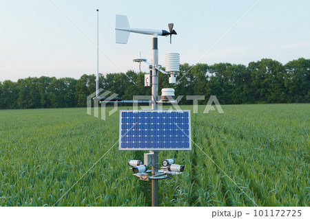 Weather station in grass field, 5G technology with smart farming concept 101172725