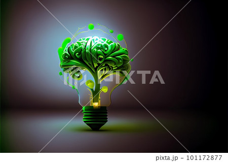A classic glass electric lamp with a green glowing human brain inside, stands on a dark background A classic glass electric lamp with a green glowing human brain inside, stands on a dark background 101172877