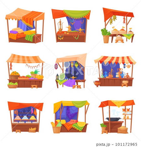 East market tents. Souk stalls, arabic shop bazaar merchant village traditional eastern street market thailand or mexican trade tent 101172965