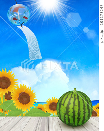 夏の青空とひまわりと太陽と入道雲 101173247