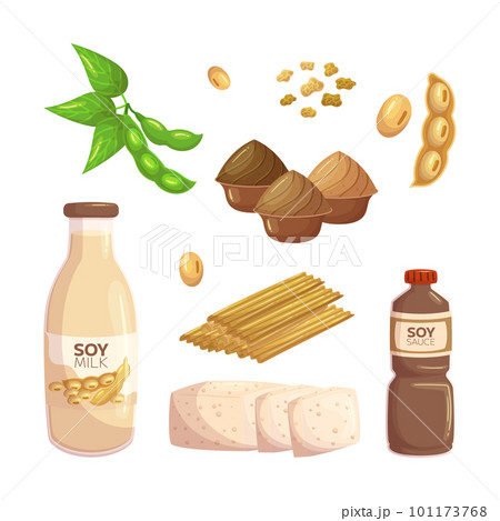 Soy Products Set, Consisting Of Tofu, Soy Milk, Soy Sauce, Tempeh, And Edamame, Isolated Icons Vegan Lifestyles 101173768