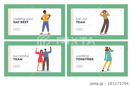 Joyous People Landing Page Template Set. Characters with Faces Beaming With Happiness And Excitement Vector Illustration Joyous People Landing Page Template Set. Characters with Faces Beaming With Happiness And Excitement Vector Illustration 101173794
