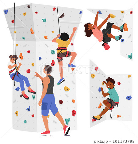 Set of Children Characters Scale A Climbing Wall With Help Of Their Trainer. Concept of Thrill Of Outdoor Adventure 101173798