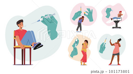 Set Of Characters Experience Common Phobia Of Injections, Displaying Anxiety And Fear. Reaction Leading To Avoidance 101173801