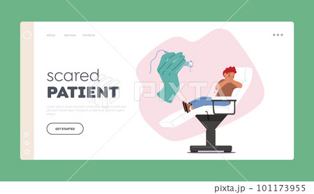 Scared Patient Landing Page Template. Little Boy Character Feel Fear Of The Injection and Crying At The Dentist Cabinet 101173955