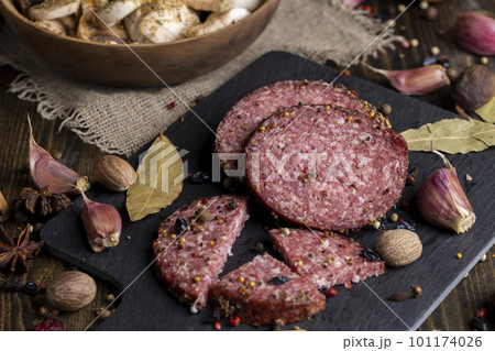 Sliced salami using beef meat with spices 101174026