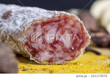 Dried pork sausage with white mold and spices 101174070