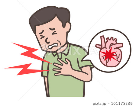 心臓発作を起こして手で胸を抑える中年男性、激しい胸痛に襲われるおじさん 101175239
