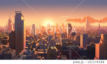 夕日に染まる都会のイラスト素材 [101176388] - PIXTA