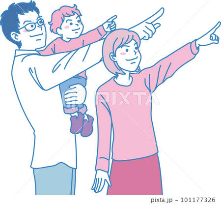 目指す_指差す_ファミリー_ピンクブルー_キリッとした表情_若い親子で同じ方向を指差す 目指す_指差す_ファミリー_ピンクブルー_キリッとした表情_若い親子で同じ方向を指差す 101177326