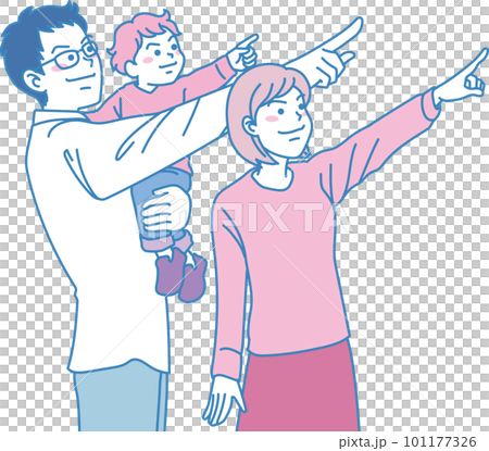 目指す_指差す_ファミリー_ピンクブルー_キリッとした表情_若い親子で同じ方向を指差す 目指す_指差す_ファミリー_ピンクブルー_キリッとした表情_若い親子で同じ方向を指差す 101177326