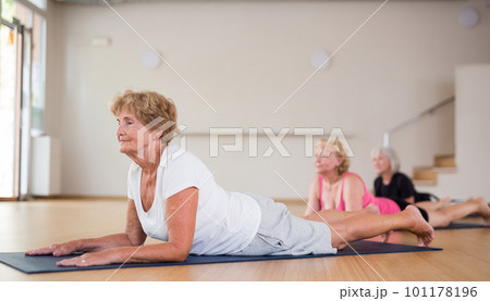 Group of elderly women performs an exercise in the dog pose face up 101178196
