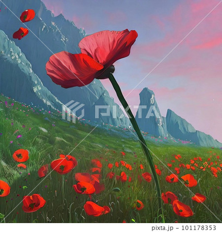 AI生成、朝日を浴びて幻想的に浮かび上がり生き生きとした赤い花 101178353