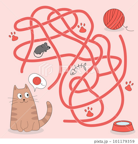 Help cute cat find path to ball of thread. Labyrinth. Maze game for kids. Messy line children logic game. Confusing path lines vector illustration. 101179359