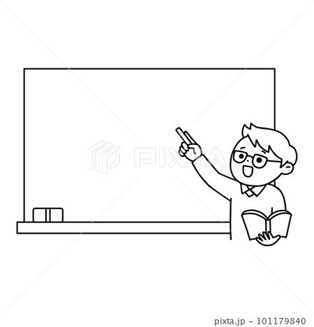 黒板の前で授業をする先生のイラスト・男性・線画・モノクロ 101179840