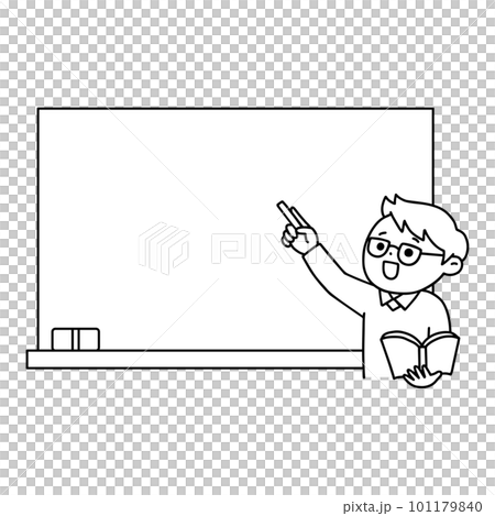Illustration of a teacher teaching in front of a blackboard, male, line drawing, monochrome 101179840