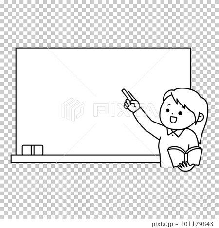 Illustration of a teacher teaching in front of a blackboard, woman, line drawing, monochrome Illustration of a teacher teaching in front of a blackboard, woman, line drawing, monochrome 101179843