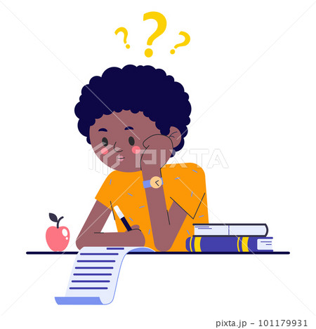 Boy on school exam. Kid study and think about test or homework in class. Pupil confused how to do survay on blank. Vector illustration about child education 101179931