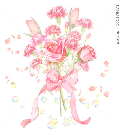 水彩で描いた薔薇とカーネーションの花束 101179971