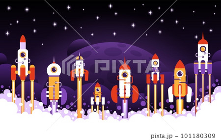 Rocket launches in space with planet, stars in background. 101180309