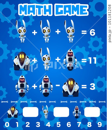 Math game worksheet cartoon robot characters. Vector mathematics riddle for children education and learning arithmetic with funny aritficial intelligence cyborgs teach to counting and calculation Math game worksheet cartoon robot characters. Vector mathematics riddle for children education and learning arithmetic with funny aritficial intelligence cyborgs teach to counting and calculation 101181208