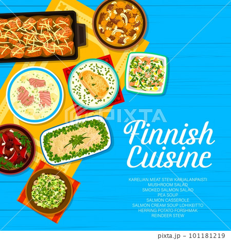 Finnish cuisine menu cover template. Reindeer stew, karelian meat stew Karjalanpaisti and mushroom salad, pea soup, herring potato forshmak and smoked salmon salad, casserole, cream soup Lohikeitto 101181219