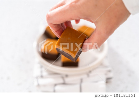 Homemade caramel fudge square pieces on a white plate. Homemade caramel fudge square pieces on a white plate. 101181351