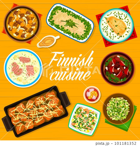 Finnish cuisine menu cover. Salmon casserole, mushroom salad and pea soup, Karelian meat stew Karjalanpaisti, herring potato forshmak and smoked salmon salad, reindeer stew, cream soup Lohikeitto Finnish cuisine menu cover. Salmon casserole, mushroom salad and pea soup, Karelian meat stew Karjalanpaisti, herring potato forshmak and smoked salmon salad, reindeer stew, cream soup Lohikeitto 101181352