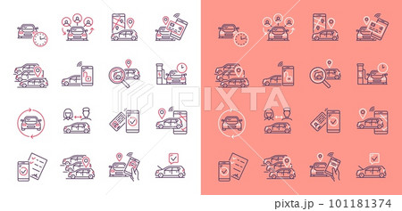 Car share service linear icons, vector mobile app. Car share, rental or search, carsharing signs of outline vehicles, driving license, road map with route and auto location pointers, economy transport 101181374