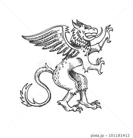Griffin or gryphon medieval heraldic animal sketch. Legend griffin, fantasy creature or mythology beast royal etching vector emblem. Magic animal coat of arms, engraved medieval heraldic insignia 101181412