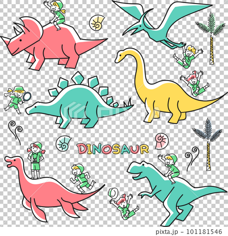 かわいい恐竜や翼竜や首長竜と子どもの探検隊セット 101181546