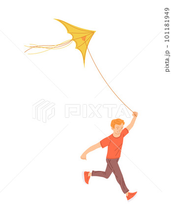Boy running and flying a kite, flat vector illustration isolated on white. Boy running and flying a kite, flat vector illustration isolated on white. 101181949