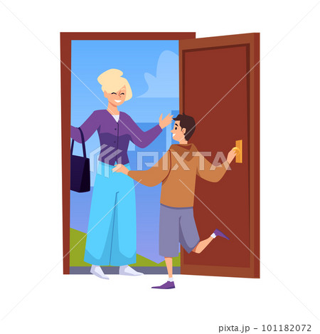 Happy boy meeting his mother in the doorway, flat vector illustration isolated on white background. 101182072