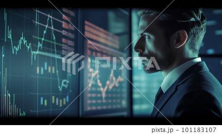 Generative Ai. Businessman Analyzing Investment Strategies Through Multiple Graphs on Screen 101183107