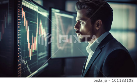 Generative Ai. Businessman Analyzing Investment Strategies Through Multiple Graphs on Screen 101183108