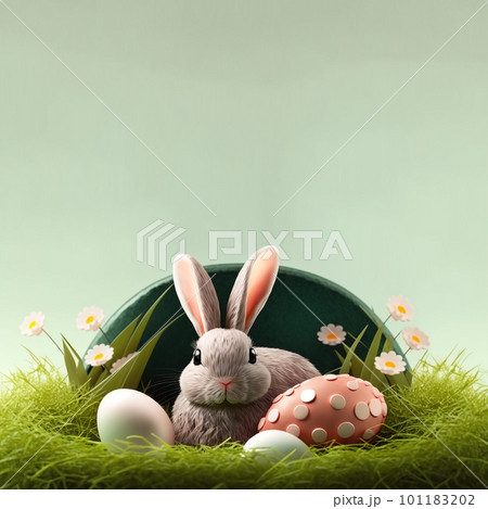 cute bunny and decorative eggs on green grass and flowers for easter holiday celebration background card 101183202