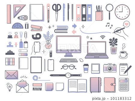 シンプルな文房具とビジネスのアイコンセット　仕事　PC　文房具　リモートワーク　勉強 101183312