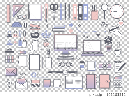 シンプルな文房具とビジネスのアイコンセット　仕事　PC　文房具　リモートワーク　勉強 101183312