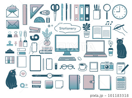 シンプルな文房具とビジネスのアイコンセット　仕事　猫　PC　文房具　リモートワーク　勉強 101183318