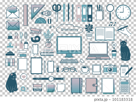 シンプルな文房具とビジネスのアイコンセット　仕事　猫　PC　文房具　リモートワーク　勉強 101183318