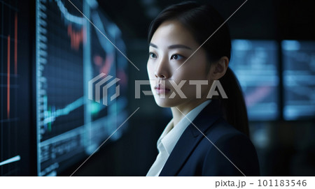 Generative Ai. Asian Businesswoman analyzing investment portfolio on computer screen with multiple graphs Generative Ai. Asian Businesswoman analyzing investment portfolio on computer screen with multiple graphs 101183546