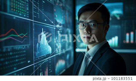 Generative Ai. Asian Businessman analyzing investment portfolio on computer screen with multiple graphs Generative Ai. Asian Businessman analyzing investment portfolio on computer screen with multiple graphs 101183551